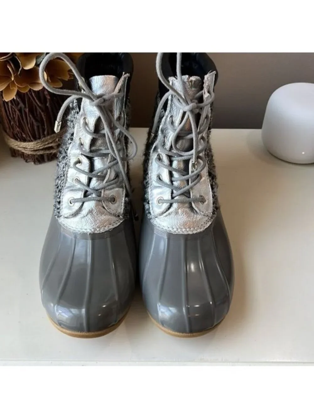 Sam Edelman Caldwell Waterproof RainSnow Duck Boots Silver Gray Tweed size 8